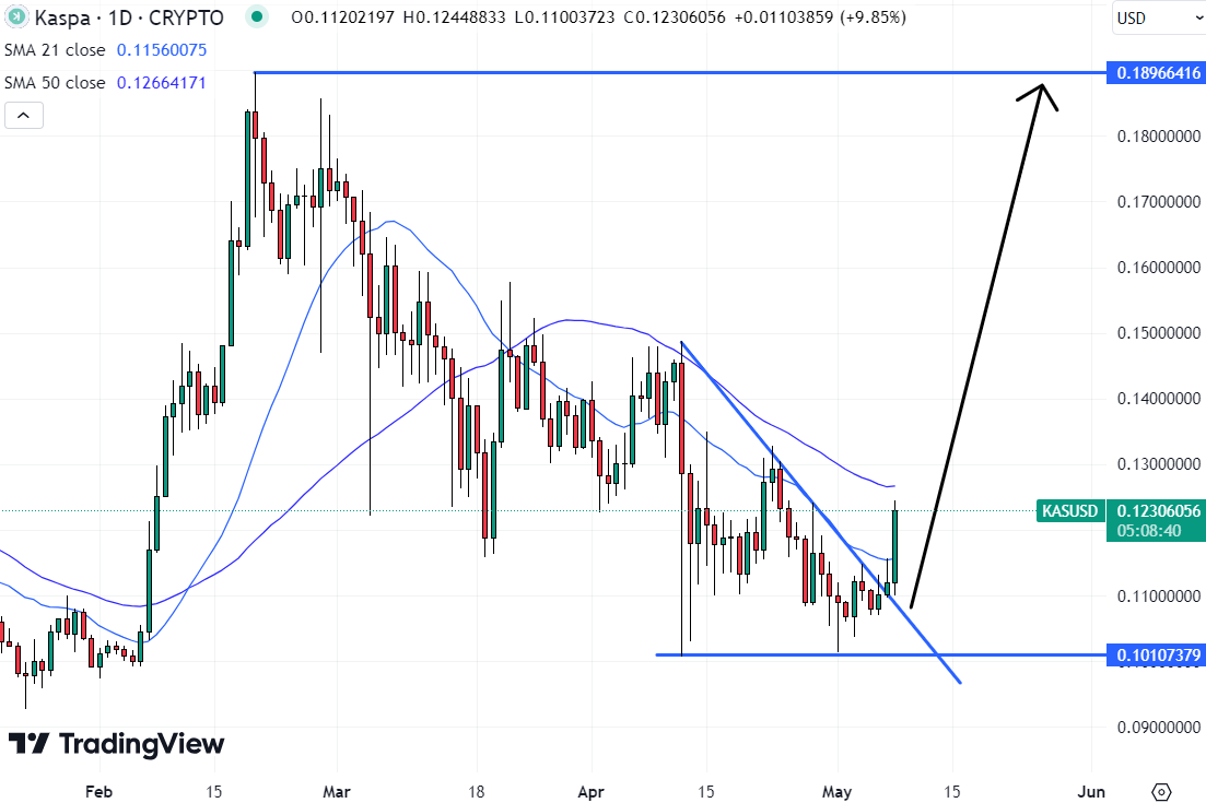 Now the door could be opened for a quick return to its yearly highs of $0.19, making KAS potentially the best cryptocurrency to buy today. 