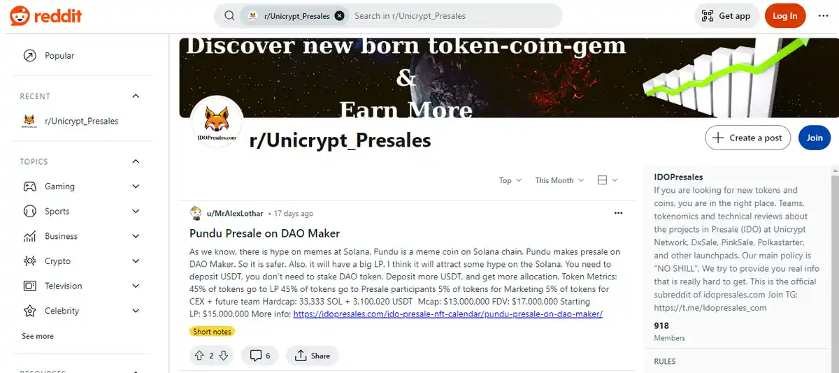 Crypto forum and community on Reddit — Unicrypt Presales