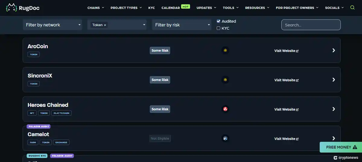 Crypto presale projects on RugDoc, a token launch aggregator.