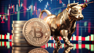 Bitcoin coin with bull and stock chart.  BTC-USD bull market.  meme on the rise cryptocurrencies Cryptocurrencies to buy.  The best cryptocurrencies for growth