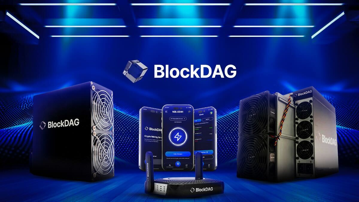 Blue/purple background showing a PC Tower with 3 mobile phones promoting BlockDAG