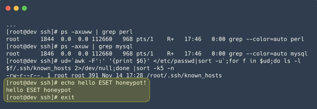 Screenshot of a message on a computer showing interactions between the Ebury authors and a honeypot operated by ESET, demonstrating that the operators had marked this system as a honeypot.  Dutch police later reopened the case