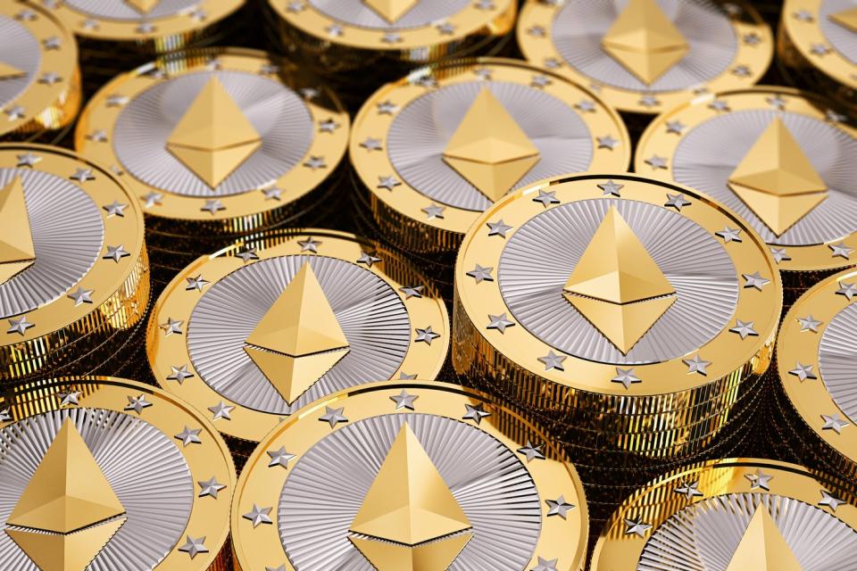 Coins with the Ethereum logo.