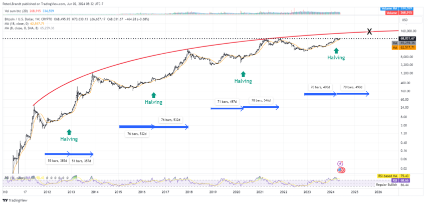 Bitcoin price trend in each halving cycle