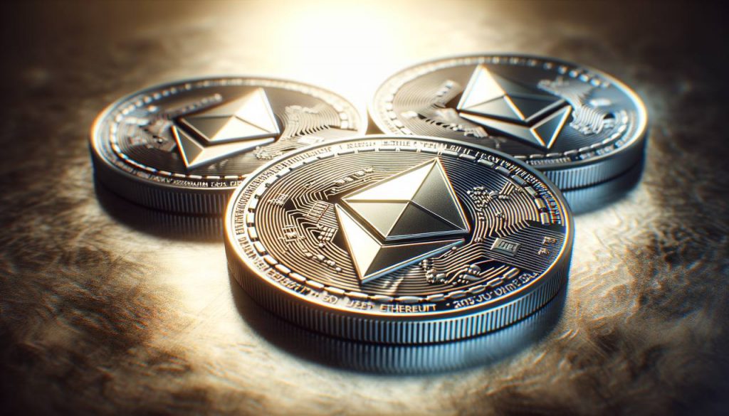 three coins with the Ethereum logo printed on them