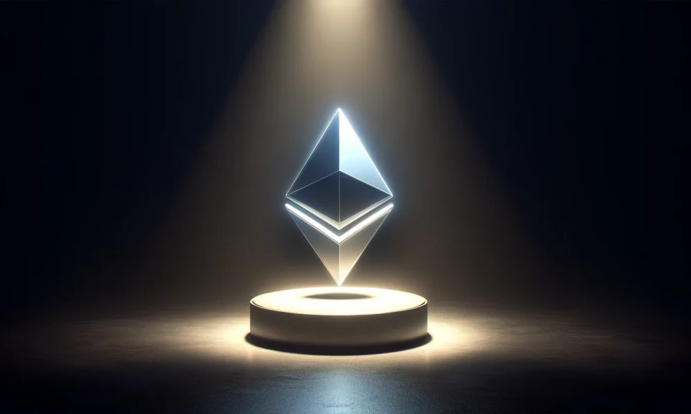 A sleek, modern Ethereum logo on a dark background, with a bright spotlight illuminating it from above, symbolizing the potential approval of the spot ETH ETF by the SEC.