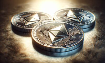 three coins with ethereum logo printed on them