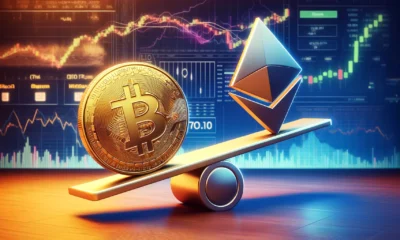 A digital illustration of a Bitcoin symbol and an Ethereum symbol balancing on a seesaw, with the Bitcoin side slightly lower, against a background of stock market charts and graphs.