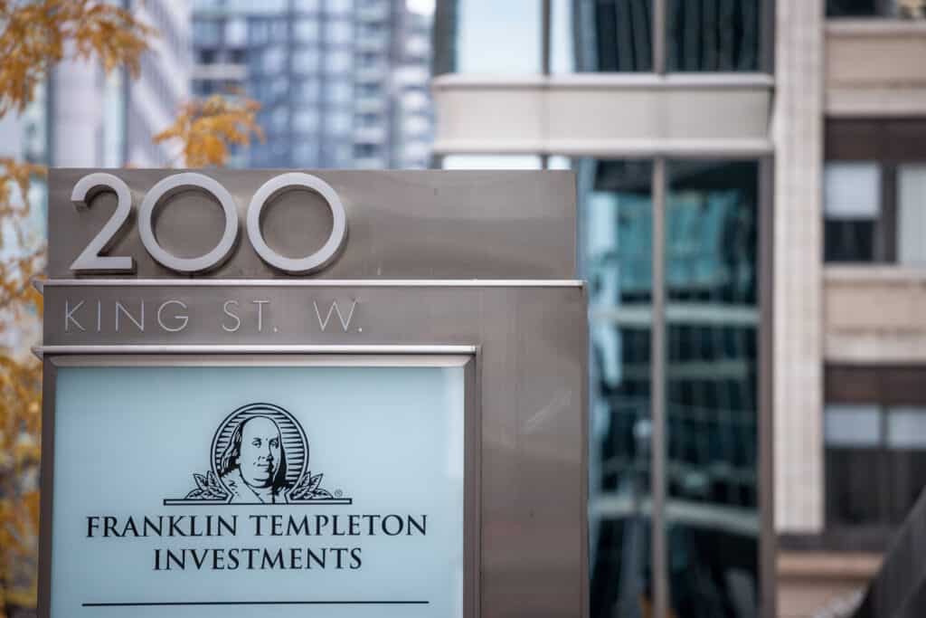 Franklin Templeton investments logo in front of their local headquarters in Toronto, Ontario.